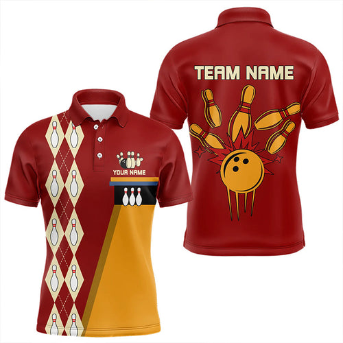 Red & Yellow Retro Bowling Polo, Quarter Zip shirt for Men Custom vintage team bowling jersey NQS9579