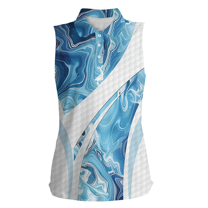 Womens sleeveless polo shirt blue camo white golf ball skin ladies golf tops, gifts for the golfer NQS7512