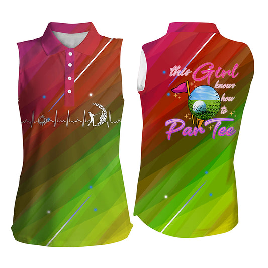 Colorful gradient Womens sleeveless polo shirt this girl knows how to par tee, golf gifts for girl NQS5527