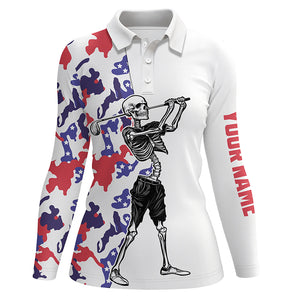 Skull Womens golf polo shirt custom name red, white and blue camo ladies white golf tops NQS5529