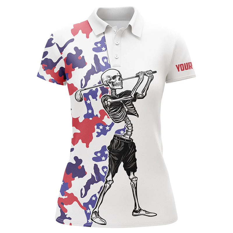 Skull Womens golf polo shirt custom name red, white and blue camo ladies white golf tops NQS5529