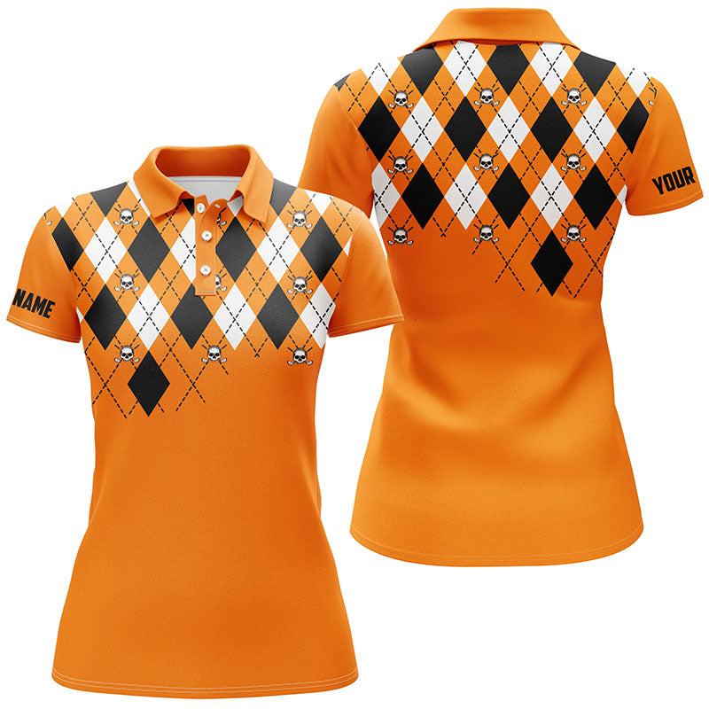 Womens golf polo shirt orange argyle plaid golf skull pattern custom ladies Halloween golf tops NQS6196