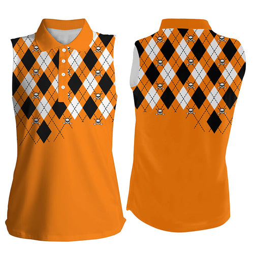 Women Sleeveless polo shirt plus size orange argyle plaid golf skull pattern ladies Halloween golf top NQS6196