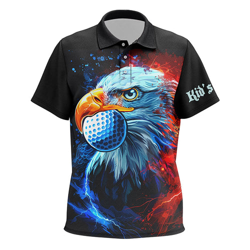 Kid golf polos shirts custom red and blue Eagle golf ball black golf tops, team golf attire for Kid NQS8325