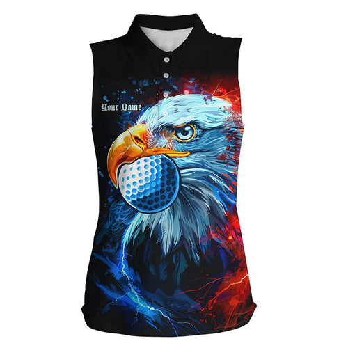 Women sleeveless golf polo shirt red and blue Eagle golf ball black golf tops, team golf attire ladies NQS8325