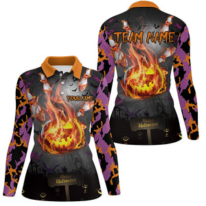 Funny Flame pumpkin Women bowling Polo, Quarter Zip shirts Custom Halloween camo Bowling Team Jerseys NQS8530