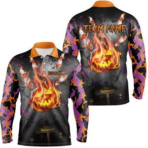 Funny Flame pumpkin Men bowling Polo, Quarter Zip shirts Custom Halloween camo Bowling Team Jerseys NQS8530