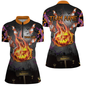 Funny Flame pumpkin Women bowling Polo, Quarter Zip shirts Custom Halloween camo Bowling Team Jerseys NQS8530