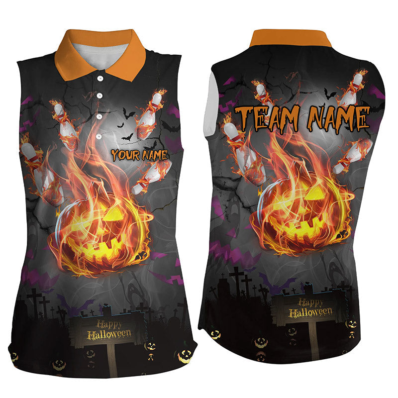 Funny Flame pumpkin Women bowling sleeveless polo shirts Custom Halloween camo Bowling Team Jerseys NQS8530