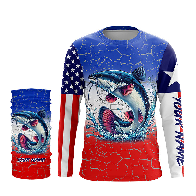Personalized Catfish Long Sleeve Performance Fishing Shirt Texas American flag patriotic fishing Shirt NQS6677