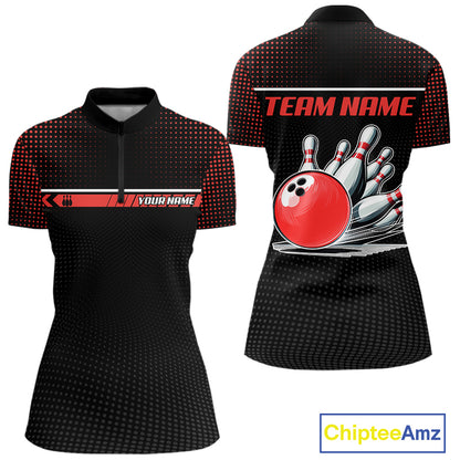 Personalized Black and Red Bowling Polo, 1/4 Zip Shirts For Women Custom Team Bowling Jerseys NQS11101