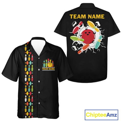 Personalized Black and Colorful Retro Bowling Hawaiian Team Shirt Custom Bowling button up shirt NQS11106