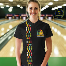 Load image into Gallery viewer, Personalized Black and Colorful Retro Bowling Polo, 1/4 Zip Team Shirt For Women Custom Bowling Gifts NQS11106
