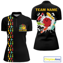 Load image into Gallery viewer, Personalized Black and Colorful Retro Bowling Polo, 1/4 Zip Team Shirt For Women Custom Bowling Gifts NQS11106