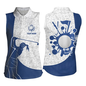 Blue and White Camo Pattern Women Sleeveless Polo Shirt custom ladies golf attire, best golf gifts NQS9242