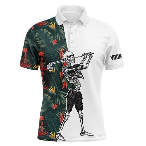 Funny Skull Golf polo shirts tropical flowers pattern custom name Skull playing golf apparel NQS4772