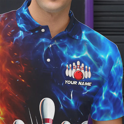 Custom Blue and Orange Flame Bowling Polo, Quarter Zip Shirts For Men, Bowling Team Jerseys NQS9592