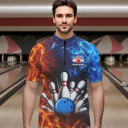 Custom Blue and Orange Flame Bowling Polo, Quarter Zip Shirts For Men, Bowling Team Jerseys NQS9592
