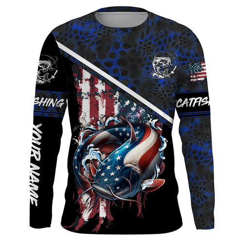 American Flag catfish fishing blue camo Custom Name Fishing Shirts UV Protection NQS3642