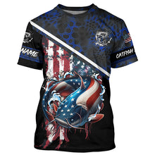 Load image into Gallery viewer, American Flag catfish fishing blue camo Custom Name Fishing Shirts UV Protection NQS3642
