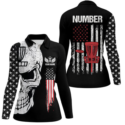 Black American flag Womens disc golf polo shirts custom name, number patriotic disc golf skull apparel NQS6205