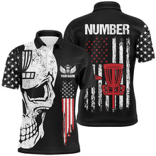 Load image into Gallery viewer, Black American flag Mens disc golf polo shirts custom name, number patriotic disc golf skull apparel NQS6205