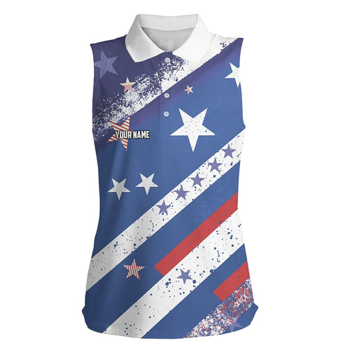 Red, white and blue stars Women sleeveless polo shirt Custom Patriotic golf attire for women golfer NQS8539