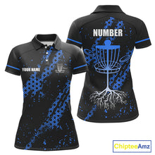 Load image into Gallery viewer, Black and Blue Hexagon Pattern Womens Disc golf polo shirts custom Team disc golf jerseys NQS10930