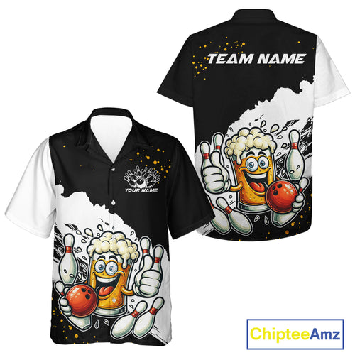 Funny Beer Glass Black and White Bowling Hawaiian Shirt Custom Bowling Team Jersey NQS10933