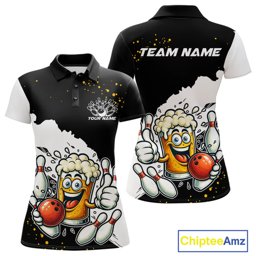 Funny Beer Glass Black and White Bowling Polo, 1/4 Zip Shirts for Women Custom Bowling Team Jersey NQS10933