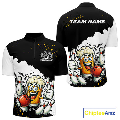 Funny Beer Glass Black and White Bowling Polo, 1/4 Zip Shirts for Men Custom Bowling Team Jersey NQS10933