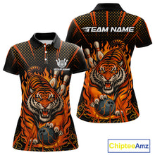 Load image into Gallery viewer, Personalized Tiger Bowling Shirts For Women, Black and Orange Flame Team Tiger Bowling Jerseys NQS11110