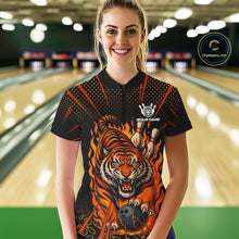 Load image into Gallery viewer, Personalized Tiger Bowling Shirts For Women, Black and Orange Flame Team Tiger Bowling Jerseys NQS11110