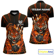 Load image into Gallery viewer, Personalized Tiger Bowling Shirts For Women, Black and Orange Flame Team Tiger Bowling Jerseys NQS11110