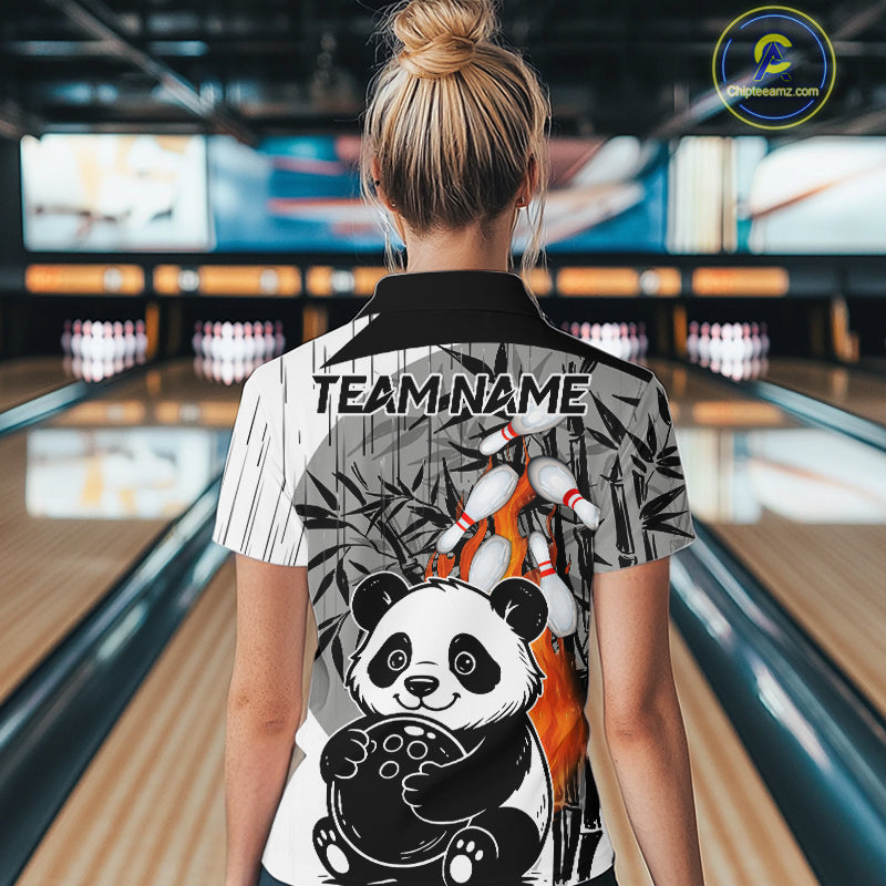 Black and White Panda Bowling Shirts For Women Custom Funny Team Bowling Jerseys, Bowling Uniform NQS11113
