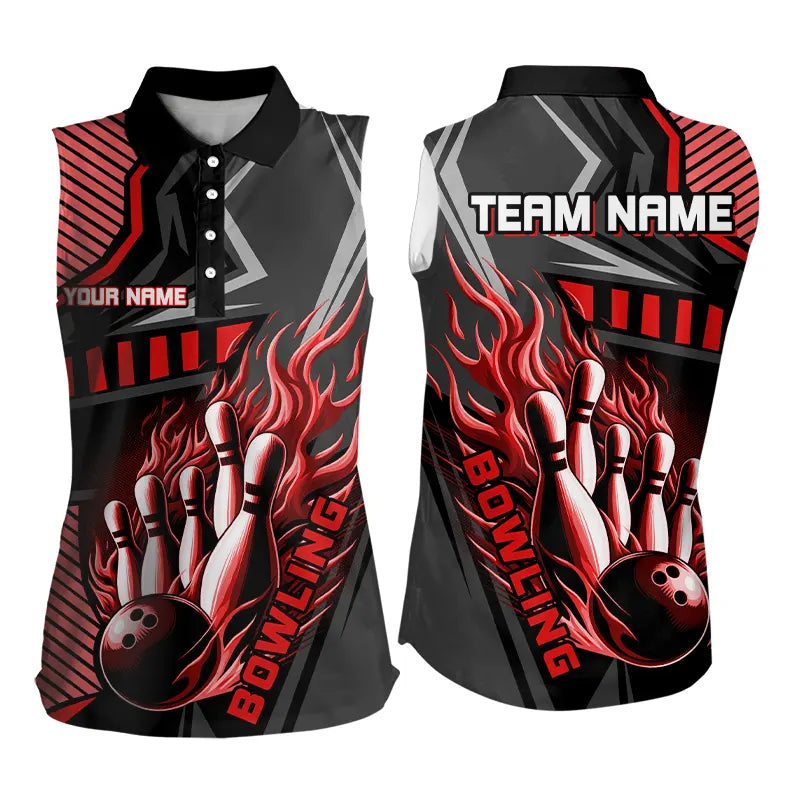 Black and Red Bowling ball and pins Women sleeveless polo shirts Custom Bowling Team League Jerseys NQS9256