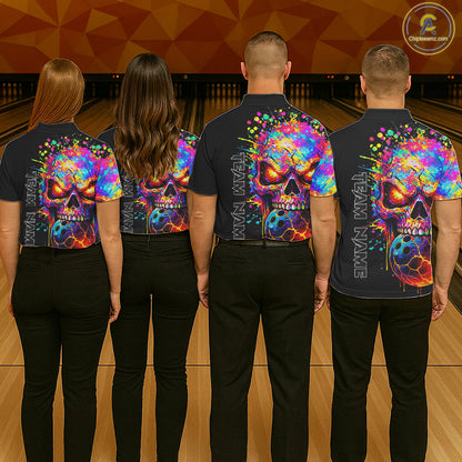Colorful Skull bowling jerseys Bowling Polo, 1/4 zip Shirt Custom Bowling Team shirt for ladies NQS11317
