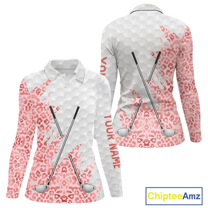 Pink glitter Leopard skin pattern custom name white Womens golf polo shirts, team ladies golf tops NQS11526