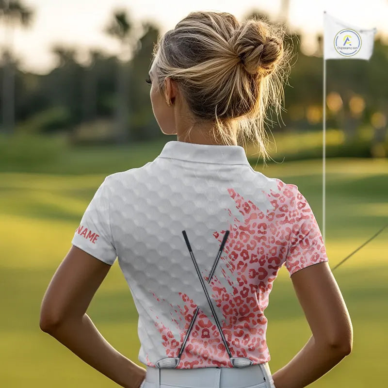 Pink glitter Leopard skin pattern custom name white Womens golf polo shirts, team ladies golf tops NQS11526