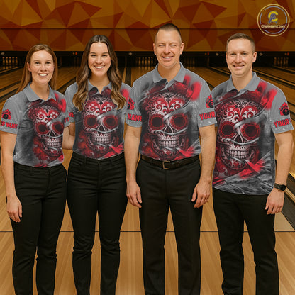 Red Sugar Skull Tattoo Custom Mens Bowling Polo, Quarter Zip Shirts,Team Bowling Jerseys NQS11528