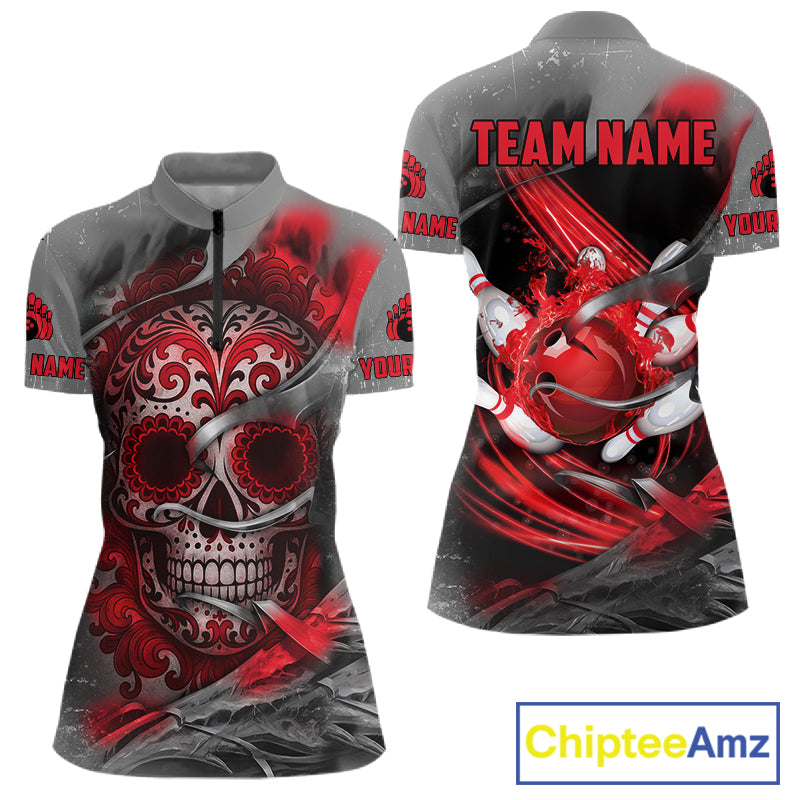 Red Sugar Skull Tattoo Custom Women Bowling Polo, Quarter Zip Shirts,Team Bowling Jerseys NQS11528