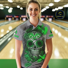 Load image into Gallery viewer, Green Sugar Skull Tattoo Custom Women Bowling Polo, Quarter Zip Shirts,Team Bowling Jerseys NQS11529