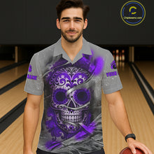 Load image into Gallery viewer, Purple Sugar Skull Tattoo Custom Bowling Hawaiian Shirt, Team Bowling button up shirt NQS11530