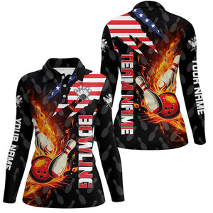 American Flag Bowling Shirt for Women Custom Flame Bowling Polo shirt, Team Bowling Jerseys NQS7526