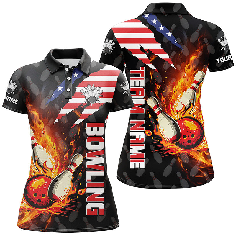 American Flag Bowling Shirt for Women Custom Flame Bowling Polo shirt, Team Bowling Jerseys NQS7526