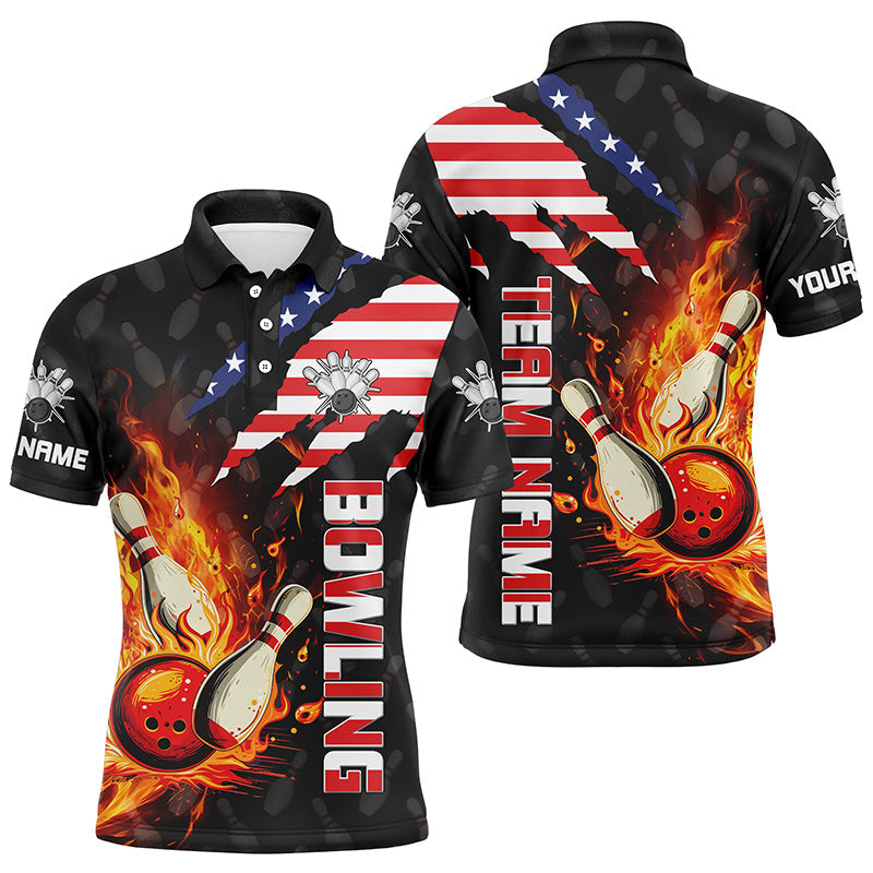 American Flag Bowling Shirt for Men Custom Flame Bowling Polo shirt, Team Bowling Jerseys NQS7526