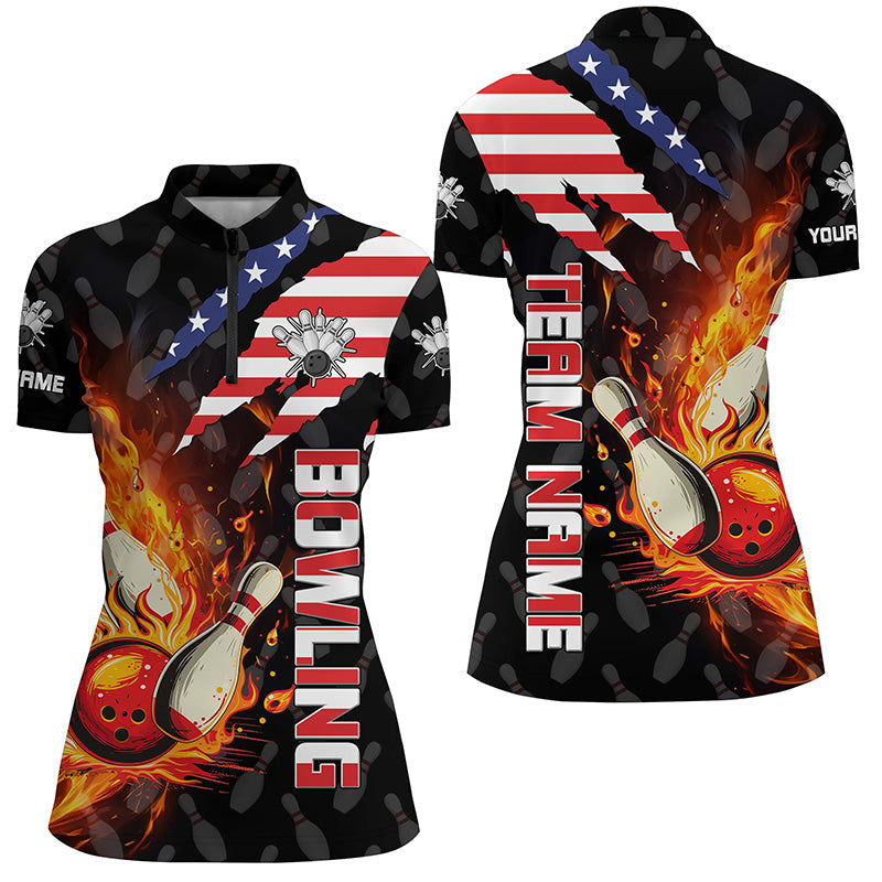 American Flag Bowling Shirt for Women Custom Flame Bowling Quarter Zip shirt, Team Bowling Jerseys NQS7526