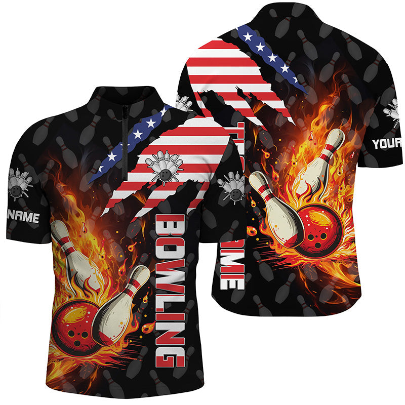 American Flag Bowling Shirt for Men Custom Flame Bowling Quarter-Zip shirt, Team Bowling Jerseys NQS7526