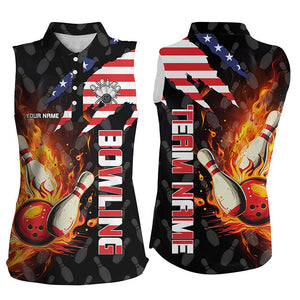 American Flag Bowling Shirt for Women Custom Flame Bowling Sleeveless Polo shirt, Team Bowling Jerseys NQS7526