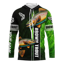 Load image into Gallery viewer, Brown trout fishing green camo Custom Long Sleeve Fishing Shirts, fishing gifts for men, women, kid NQS5808